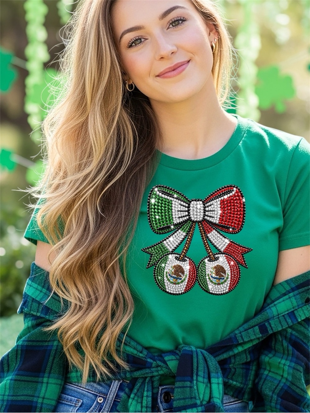 Mexico flag T-shirt new pick one red green white faux rhinestone S M L XL